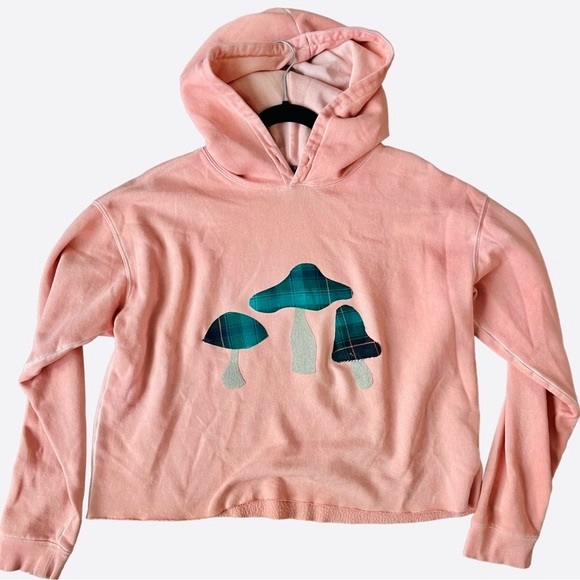 Custom Upcycled Mushroom Hoodie Reworked cropped sweatshirt Medium Pink - Picture 2 of 9